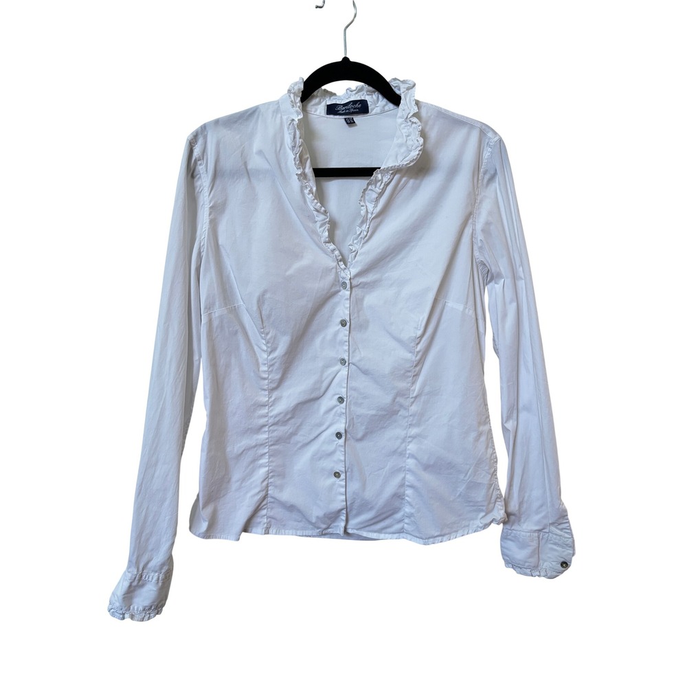 Bariloche White Ruffle Collar Button Down Shirt Made in Spain